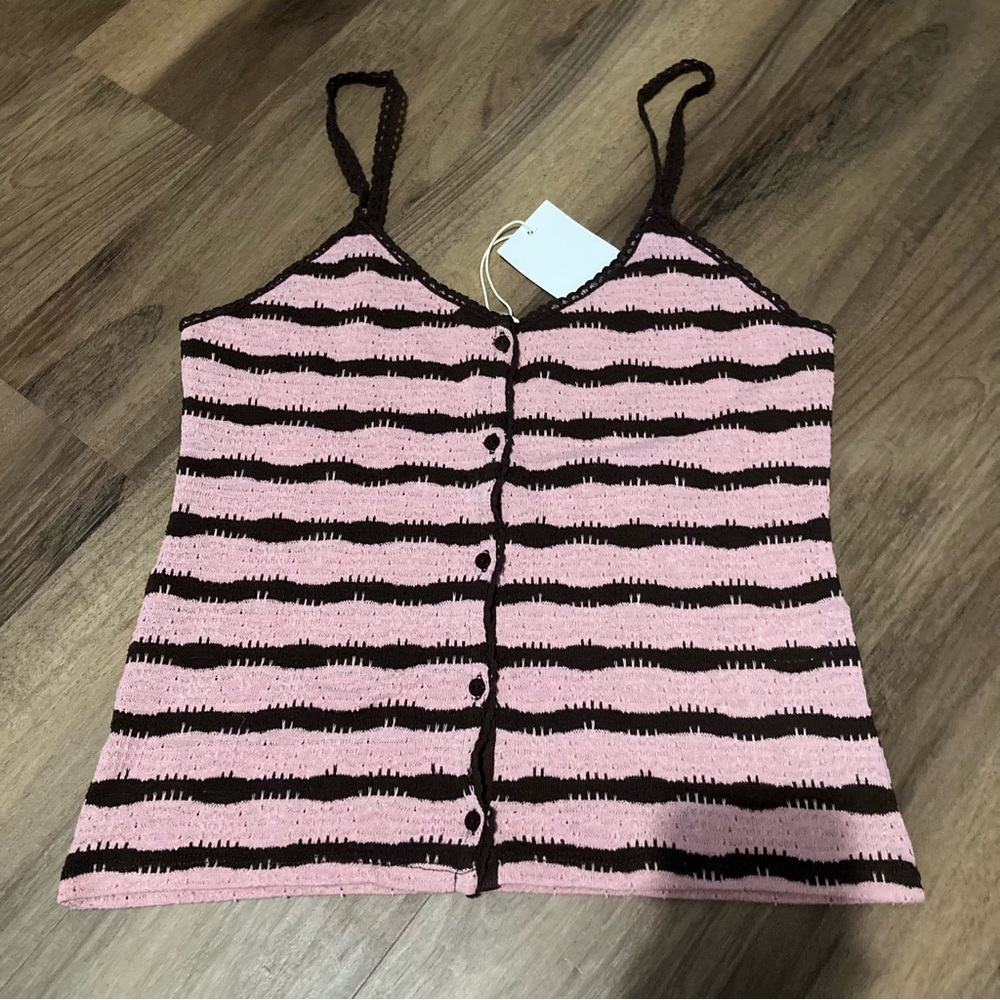 NWT Zara Crochet Pink and Brown Striped Tank Sz Large Boho